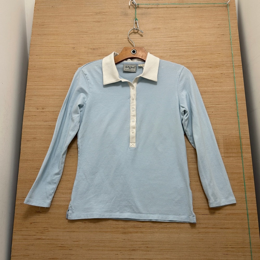 Bobby Jones Womens Light Blue Striped Long Sleeve Polo Shirt Small Golf Top